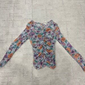 Mystree Floral Ruched Long Sleeve Blouse - Purple and Orange